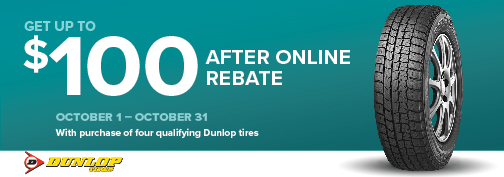 Dunlop 4 Tire up to $100 PrePaid Visa Card Mail in Rebate 10/01/2024 through 12/31/2024